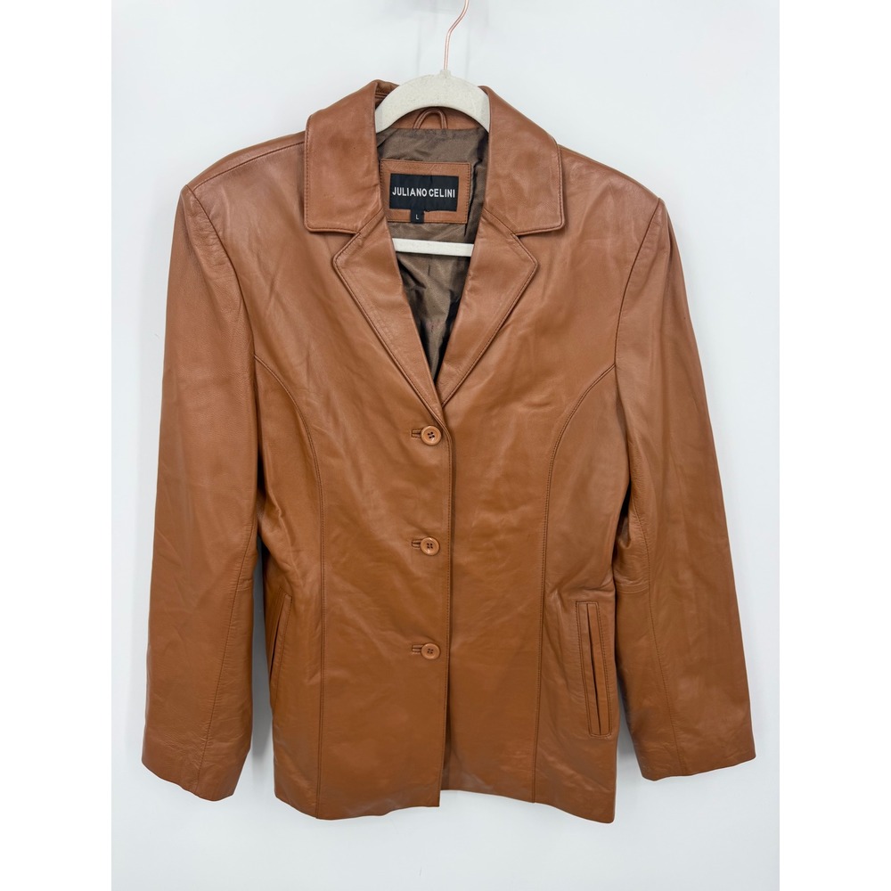 Juliano Celini Leather Blazer Jacket Women Large Brown 3-Button Notched Lapel